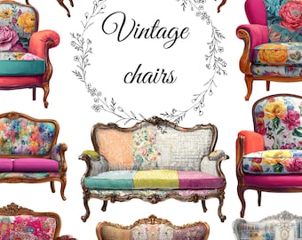 Klipart: Krzesło w stylu vintage z motywem kwiatowym – antyczne meble w formacie PNG, wystrój w stylu shabby chic (pobieranie cyfrowe)