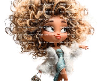 Fashionista Girl Clipart Bundle, Whimsical Blonde Woman PNG, Curly Hair Illustration