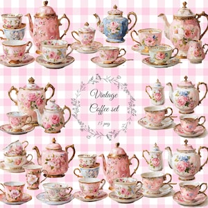 Watercolor Vintage Coffee Set PNG | Floral Porcelain Clipart (Digital Download