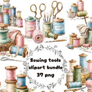 Paquete de imágenes prediseñadas de herramientas de costura en acuarela, kit de costura PNG, tijeras, hilo y agujas, gráficos de suministros para manualidades, imágenes prediseñadas para manualidades DIY