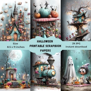 May include: A collection of six Halloween-themed printable scrapbook papers. The images feature whimsical illustrations of a haunted house, a pumpkin stand, a treehouse, a graveyard, a train, and a ghost. The papers are 8.5 x 11 inches.