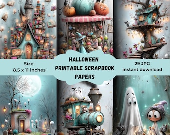 Magiczny pakiet papieru cyfrowego na Halloween | Akwarelowe tła JPG z motywem upiornego lasu, duchów i chatki czarownicy | Papiery do scrapbookingu do druku