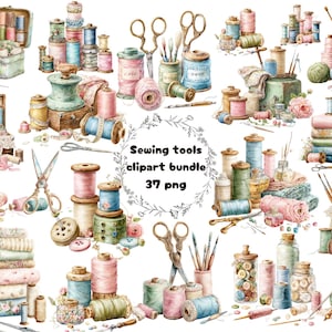 May include: Watercolor illustration of sewing tools and supplies, including spools of thread in pastel colors, scissors, needles, and buttons. The image includes the text "Sewing tools clipart bundle 37 png."