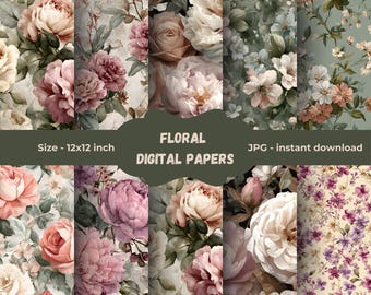 Vintage Floral Digital Paper Pack – Shabby Chic 12x12 Backgrounds (Instant Download)