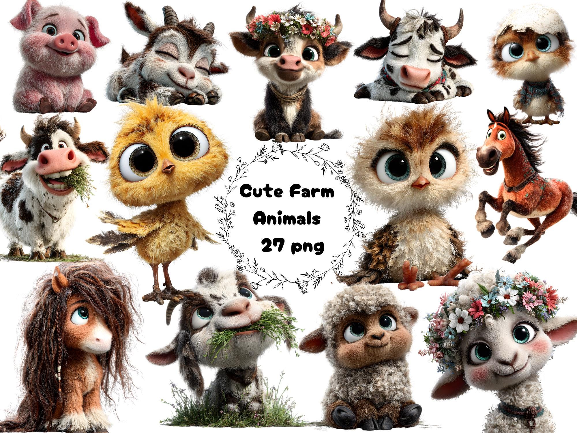 Kawaii Farm Animals Clipart Bundle, Baby Animals PNG (instant Download ...