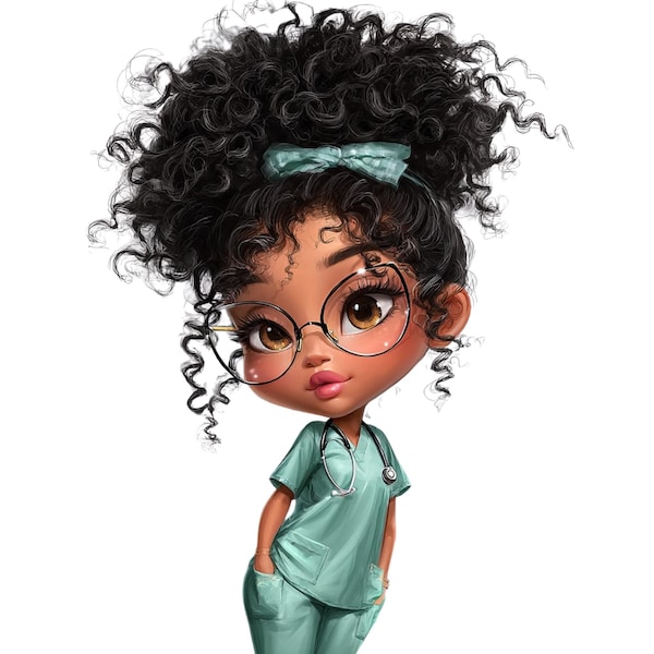 Infirmière Chibi PNG – Clipart cheveux bouclés noirs (téléchargement numérique)