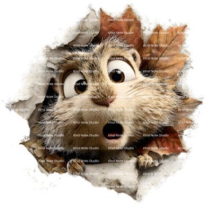 May include: A surprised cartoon chipmunk bursts through a torn paper background, framed by autumn leaves. The chipmunk has large brown eyes and an open mouth, conveying shock. The image is a digital illustration with a playful, animated style.