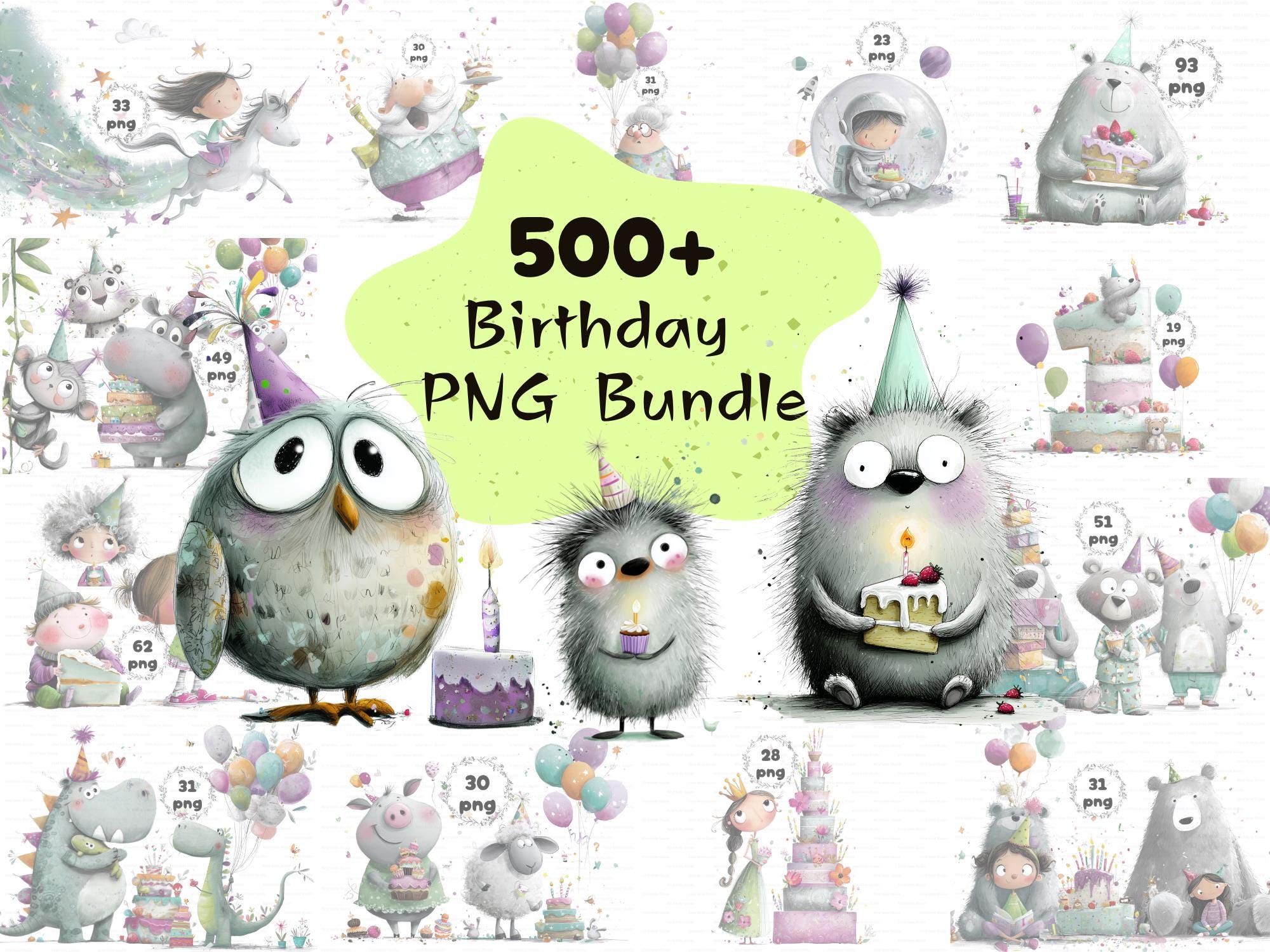 500+ Birthday Clipart Bundle PNG, Cute Birthday Animals Clipart, Kids ...