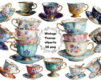 Vintage Teetasse Clipart Bundle, Aquarell gemalte Teetassen PNG, Antike Porzellantassen, Elegante Tee-Set Grafiken, Sofort-Download