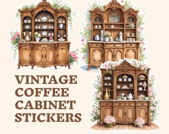 Vintage Kaffeeschrank Aufkleber, 10 PNG Blumen Buffet Aufkleber Set, gemütliche Kaffeeecke, Aquarell Vintage Illustration, digitaler Download