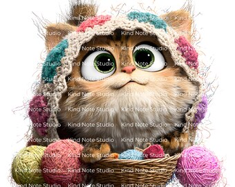 Skurrile süße Katze, Clipart Bundle, strickende Kätzchen, Aquarell Illustrationen, (digitaler Download)