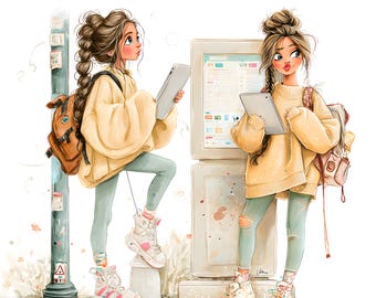 Klipart akwarelowy z nastolatkami, ilustracje z życia studenckiego (pobieranie cyfrowe)