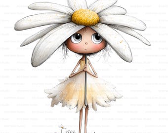 Paquete de imágenes prediseñadas PNG de hadas de flores originales, vestido de hada de tulipán, rosa, peonía y margarita, lindos gráficos de hadas de ojos grandes, arte para guardería
