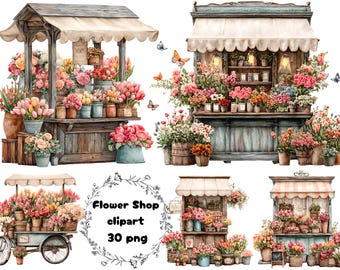 Watercolor Flower Shop Clipart Bundle, Floral Market Stand Graphics (30 PNG)