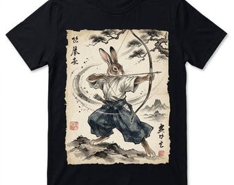 Camiseta de conejo samurái, camiseta de arte japonés con tinta, camiseta gráfica de conejo guerrero, camiseta de arquero animal estilo ukiyo-e, regalo único de ropa urbana japonesa