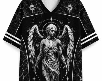 Dark Gothic Angel All-Over Print Athletic Jersey | Monochrome Streetwear | Unisex Oversized Graphic Tee