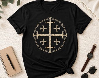 Jerusalem Cross Shirt, Christian Faith Graphic Tee, Medieval Religious Symbol, Vintage Church Gift