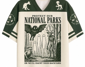 Protect Our National Parks™ | Vintage Cryptid Forest Football Jersey | Retro Horror Nature Graphic Tee