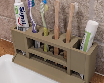 Modular Toothbrush & Toothpaste Holder – Drain pan into sink, Removable fronts for Easy cleaning, Adjustable Height (STL File)