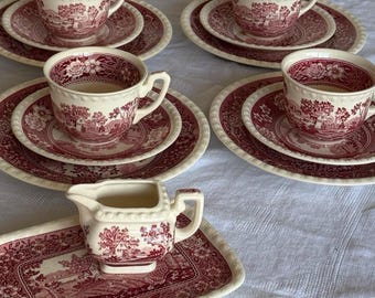 Villeroy & Boch Rusticana Tea Set for 4 – Vintage Red Transferware Cups Plates Cottagecore French Country Decor