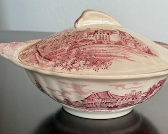 Sopera vintage J&G Meakin Romantic England de cerámica roja transferida Stokesay Castle Staffordshire Sopera Cottagecore Farmhouse