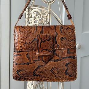 Vintage Python Leather Bag, Brown Snake Skin Handbag, 80s 90s Statement Purse, Adjustable Strap Shoulder Bag, Retro Chic Exotic Style