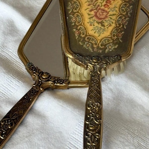 Vintage Brass Vanity Set Mirror & Hair Brush | Petit Point Roses | Hollywood Regency | Romantic Boudoir Decor | French Cottage Style