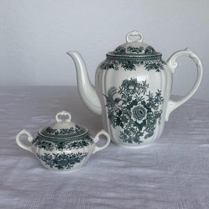 Vintage Villeroy Boch Fasan groene theepot en suikerpot set, Duits porseleinen theeservies, cottagecore theeservies, transferware
