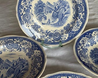 Juego de 4 platos hondos Villeroy & Boch Luxembourg – Cuencos de porcelana azul y blanca – Vajilla vintage – Pátina con craquelado