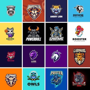 Puede incluir: Una colección de diseños de logotipos coloridos con varios animales y mascotas. Los diseños incluyen un panda, un búfalo, un león, una pantera, un mapache, un toro, un gallo, un tigre, un lobo, un elefante, un búho y una pantera. Cada logotipo tiene un diseño y texto únicos.