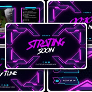 Może przedstawiać: Cyfrowy projekt nakładki do streamingu z ciemnym tłem i neonowymi różowymi i niebieskimi kształtami geometrycznymi. Tekst "Starting Soon" jest widocznie wyświetlany wraz z innymi informacjami o streamingu.
