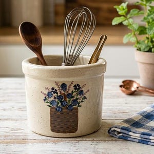 May include: A cylindrical cream-colored ceramic utensil crock with a speckled finish and a painted design of blue flowers in a brown woven basket. The crock holds a wooden spoon, a metal wire whisk, and a pair of metal kitchen tongs.
