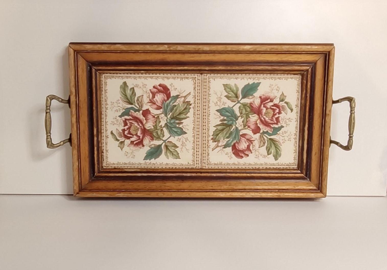 Vintage Maw & Company Floral Ceramic Tile Tray, Wood With Brass