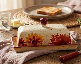 Vintage Pfaltzgraff Evening Sun Covered Butter Dish with Lid, Hand Painted Sunflower Ceramic Stoneware