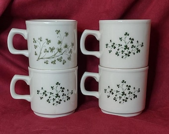 Carrigdhoun Pottery Irish Coffee Mugs Set of 4 Vintage Idyllic Country Scenes and Shamrocks