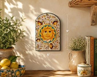Vintage Italian Majolica Ceramic Sun Face Wall Plaque - Hand-Painted Terracotta Art Pottery Tile - Mediterranean Tuscan Decor, Made in Italy