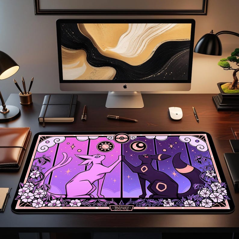 May include: A rectangular desk mat featuring a purple and pink design with two cartoon characters. The mat has a black border and white floral accents. The text "3DWAY" is at the bottom.
