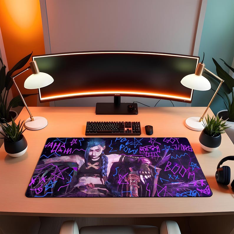 Arcane Graffiti Desk Mat, Neon Punk Gaming Mouse Pad, Anime Gamer Extended Mousepad image 2