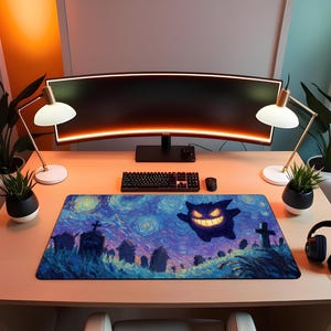 Ghost Night Art Desk Mat, Starry Aesthetic Gaming Mouse Pad, Large Cute Monster Desk Mat, Fantasy Gamer Setup, Extended Mousepad Gift