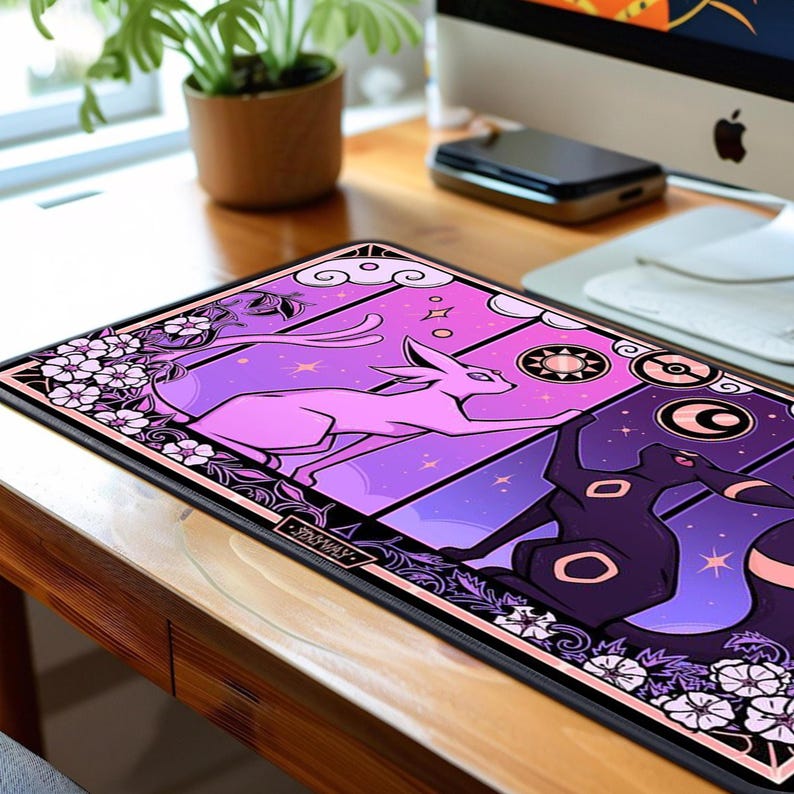 May include: A rectangular mousepad featuring a purple and black design with two stylized creatures. The mousepad has a black border and white floral accents. The design includes the text "SINSYVALY".