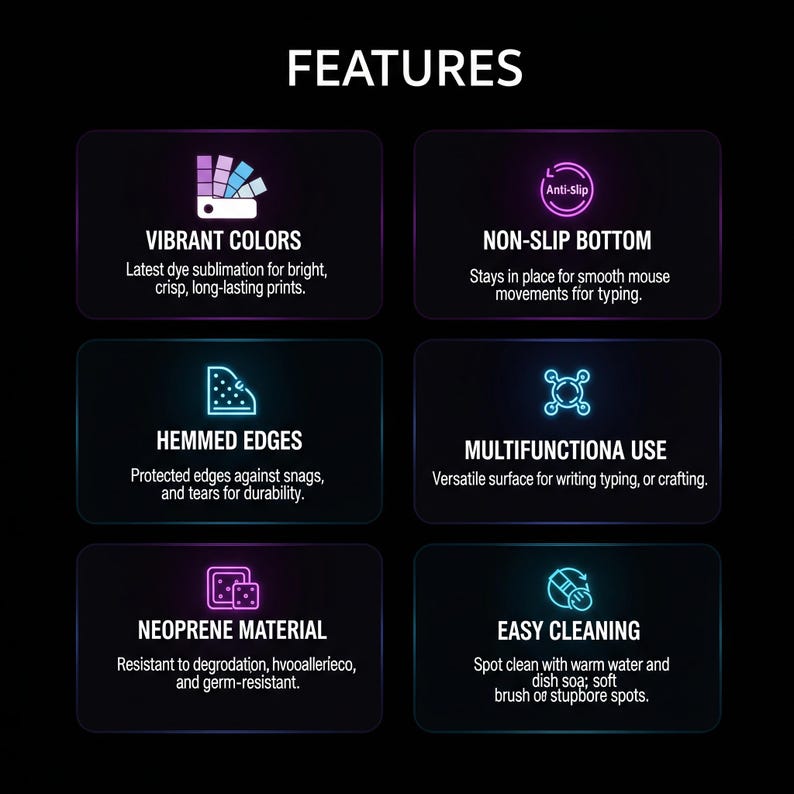 May include: An image with the word "FEATURES" at the top, showcasing product details. The features include vibrant colors, a non-slip bottom, hemmed edges, multi-functional use, neoprene material, and easy cleaning. Each feature is described with a short text.