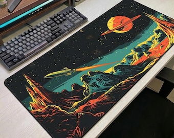 Retro Space Mission Desk Mat, Sci-Fi Planet Gaming Mouse Pad, Galaxy Art Setup
