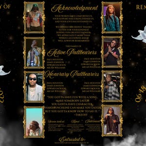 May include: A memorial tribute with gold accents, featuring portraits and text. The design includes the dates 11 01 2022 and 06 18 1994, along with the names "OFF Khari Ball" and "TAKE Kirsnick". The layout is dark with elegant script.