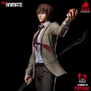 May include: A detailed figurine of a male character in a tan suit, white shirt, and burgundy tie, holding a red apple. The figure has brown hair and is holding a black staff. The image has the text "my ANiMATE" and "Pre Supported".