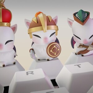 Pode incluir: Três figuras de desenho animado brancas com os olhos fechados, cada uma usando um adorno de cabeça diferente e segurando acessórios. As figuras estão em teclas brancas do teclado. A primeira figura usa uma coroa vermelha e dourada e segura um bastão de ouro. A segunda figura usa um capacete marrom e segura um escudo. A terceira figura usa um chapéu verde e marrom e segura um arco.