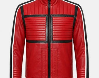 Rood gewatteerd schapenleer motorjack, motorracestijl