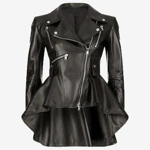 May include: Black leather jacket with an asymmetrical zipper closure and a peplum-style flared hem. The jacket features multiple zippered pockets and silver hardware. The design includes a notched collar and long sleeves.