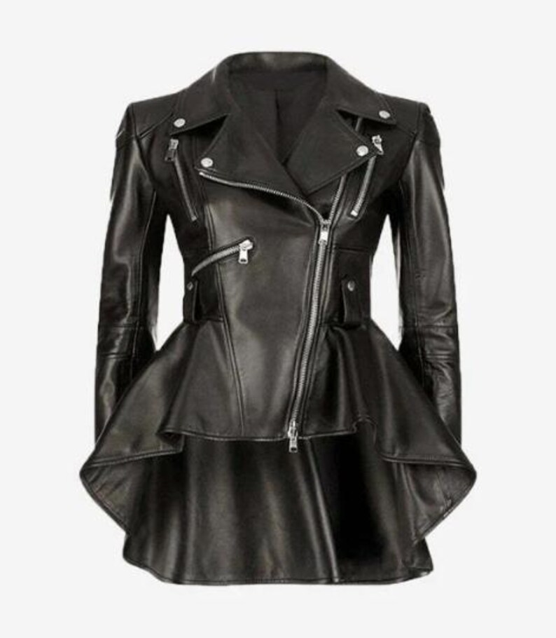 May include: Black leather jacket with an asymmetrical zipper closure and a peplum-style flared hem. The jacket features multiple zippered pockets and silver hardware. The design includes a notched collar and long sleeves.