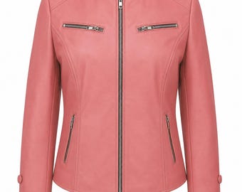 Chaqueta de cuero hecha a mano para mujer, sin cuello, color rosa, estilo motero - Corte ajustado