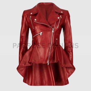 May include: A red leather jacket with a unique peplum design. The jacket features a classic asymmetrical zipper closure, multiple zippered pockets, and a notched lapel collar. The sleeves are long, and the jacket has silver hardware.